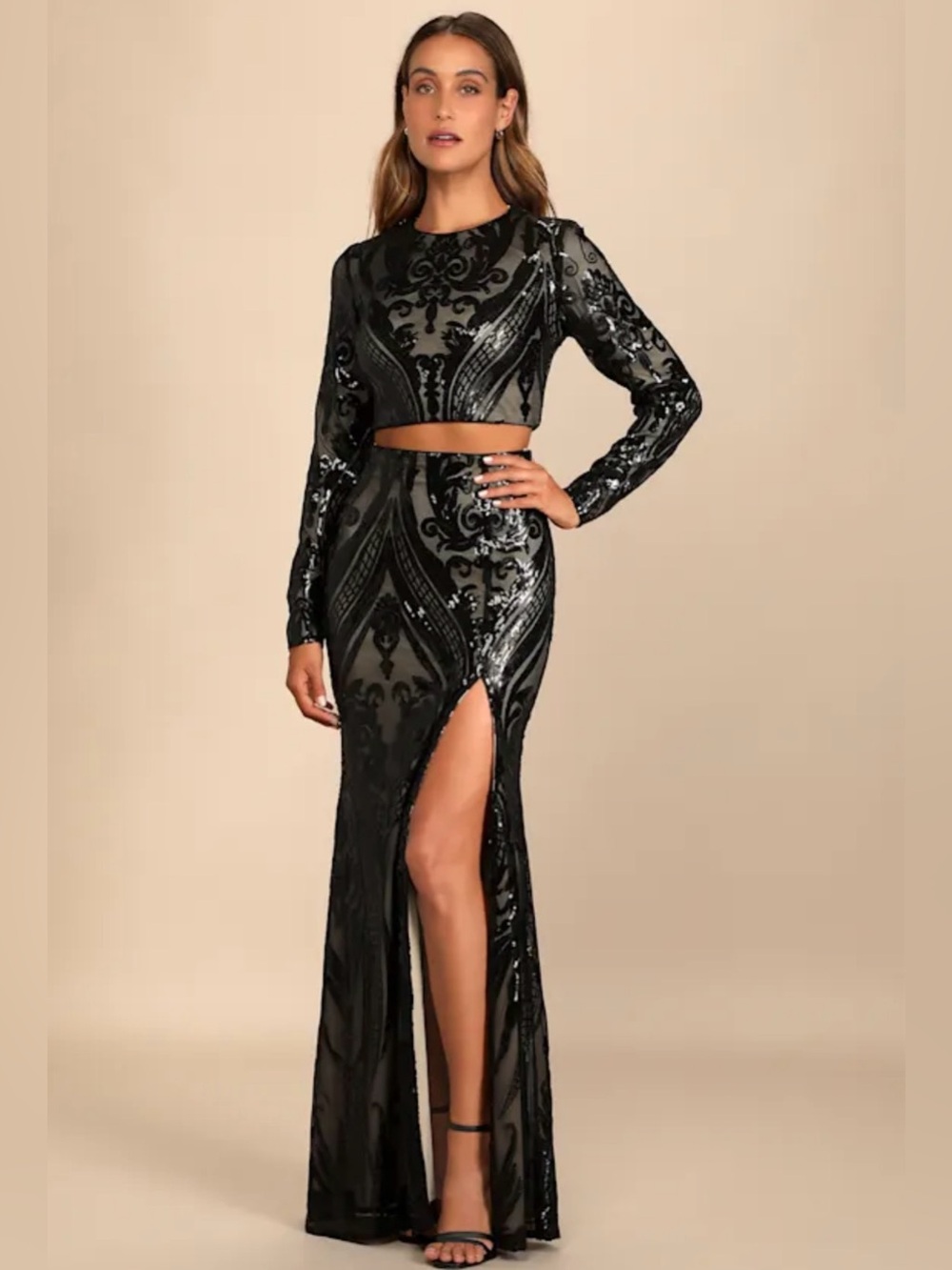 NWT Lulu’s Black Sequined Two-Piece Crop Top & High-Slit Skirt - Medium